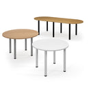 White radial end meeting table with radial legs by Dams, shown in a modern boardroom setting.