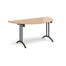 Dams semi-circular folding leg table with beech finish and curved foot rails, featuring chrome legs for stability and style.