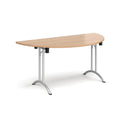 Semi-circular folding leg table with curved foot rails in beech wood by Dams, featuring a chrome frame and smooth finish.
