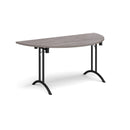 Grey oak semi-circular folding leg table with curved foot rails by Dams, showcasing its sleek design and sturdy construction.
