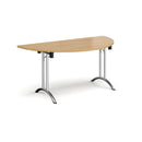 Semi circular folding leg table with curved oak foot rails by Dams, showcasing its smooth wooden surface and sturdy design.