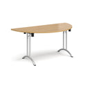 Semi-circular folding leg table by Dams in oak with curved foot rails, showcasing the smooth wooden surface and sturdy foldable legs.