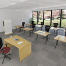 White semi-circular folding leg table with curved foot rails by Dams, shown partially folded with smooth surface and sturdy legs.