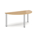 Semi-circular radial leg meeting table in oak wood by Dams, showing smooth surface and sturdy wooden legs.