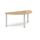 Semi circular radial meeting table in oak wood by Dams, with a smooth surface and sturdy legs for conference and office use.