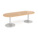 Beech boardroom table with trumpet base and central cut-out, 2400mm by 1000mm, Dams brand, featuring a sleek chrome trumpet base.