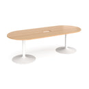 Dams Beech boardroom table with trumpet base, radial ends, 2400mm x 1000mm size, featuring a central cut-out for cables.