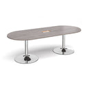 Dams grey oak boardroom table with trumpet base, 2400mm by 1000mm, featuring a central cut-out for cable management.