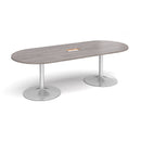 Grey oak Dams boardroom table with trumpet base and central cut-out, measuring 2400mm by 1000mm, designed for professional offices.
