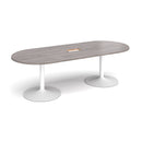 Dams grey oak boardroom table with trumpet bases, 2400mm x 1000mm, featuring a central cut-out for cable management.