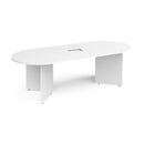 Dams Arrow Head Leg Radial End Boardroom Table in white with central cut-out, showcasing a modern conference room setup