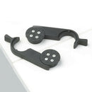 Black Dams meeting table linking device with open locking mechanism, designed for connecting and extending conference tables.