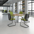 Beech Monza circular meeting table with central circular cut-out, designed by Dams, showing the tabletop and sleek legs.