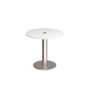 White Monza circular meeting table by Dams with central circular cut-out, showcasing modern design and sturdy construction.