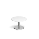 Dams Pisa circular coffee table with white top and round chrome base, modern living room furniture design.