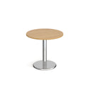 Dams Pisa circular dining table with oak top and round chrome base, modern wood and metal dining furniture.