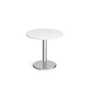 White Pisa circular dining table with round chrome base by Dams, showcasing a modern design and sleek finish.