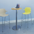 Pisa circular poseur table with Kendal Oak top and round chrome base by Dams, showing the table's modern design and wood finish.