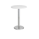 White Pisa circular poseur table with round chrome base by Dams, showing the sleek tabletop and sturdy support.
