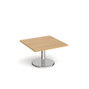 Pisa square coffee table with oak top and round chrome base by Dams, showcasing modern design and sleek wood finish.