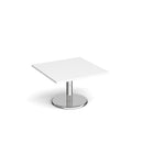 White Pisa square coffee table with round chrome base by Dams, featuring a sleek modern design and smooth tabletop.