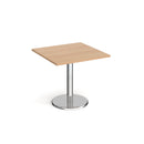 Dams Pisa square dining table with beech surface and round chrome base, modern kitchen or dining room furniture.