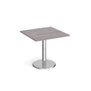Dams Pisa square dining table with grey oak top and round chrome base, modern wood and metal furniture for dining room.