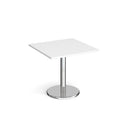 White Pisa square dining table by Dams with round chrome base, showcasing sleek modern design and smooth tabletop surface.