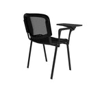 Black Taurus Mesh Back Meeting Room Chair with integrated writing tablet by Dams, featuring ergonomic design and adjustable armrests.