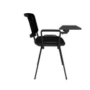 Dams Taurus mesh back meeting room chair with integrated writing tablet and black upholstery, shown from side view.