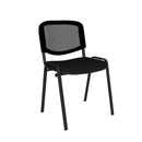 Black Taurus mesh back stackable meeting room chair by Dams with armrests and modern design.