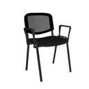 Black Taurus mesh back stackable meeting room chair with fixed arms by Dams, showing its modern design and sturdy frame.
