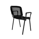 Black Taurus mesh back stackable meeting room chair with fixed arms by Dams, featuring a modern design and ergonomic support.