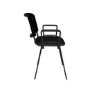 Dams Taurus black mesh back stackable meeting room chair with fixed arms, shown from side view.