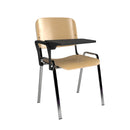Dams Taurus wooden meeting room chair with beech wood seat and chrome frame, featuring an integrated writing tablet.