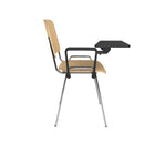 Dams Taurus wooden meeting room chair with beech wood seat, chrome frame, and integrated writing tablet, shown from the side.