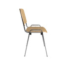 Side view of Dams Taurus wooden stackable meeting room chair with beech wood seat and chrome frame.