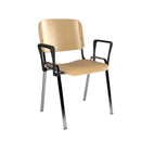 Dams Taurus wooden stackable meeting room chair with fixed arms, beech wood seat and back, chrome frame, modern office furniture