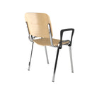 Dams Taurus wooden stackable meeting room chair with fixed arms, beech wood seat and chrome frame, shown from the back.