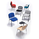 Dams Taurus wooden stackable meeting room chair with fixed arms, beech wood seat and chrome frame, shown from a side view.
