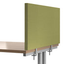 Pair of Dams universal fabric screen brackets for desktops, designed to fit 15mm-36mm thickness, shown mounted on a desk.