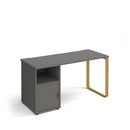 Dams Cairo straight desk with sleigh frame legs, support pedestal, and cupboard door, showcasing a modern office workspace.