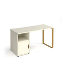 Dams Cairo straight desk with sleigh frame legs, support pedestal, and cupboard door in white finish.