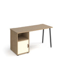 Dams Sparta straight desk with A-frame legs, support pedestal, and cupboard door, featuring a white finish and modern office design.