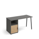 Dams Sparta straight desk with A-frame legs and support pedestal featuring a cupboard door, finished in a modern wood tone.