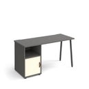 Dams Sparta straight desk with A-frame legs, support pedestal, and cupboard door, shown in white wood finish.