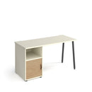 Dams Sparta straight desk with A-frame legs, support pedestal, and cupboard door, featuring a clean white finish and sturdy design.