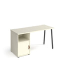 Dams Sparta straight desk with A-frame legs, support pedestal, and cupboard door, featuring a white finish and clean workspace design.