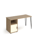 Dams Tikal straight desk with hairpin legs, support pedestal, and cupboard door, featuring a modern wooden workspace design.