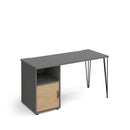 Dams Tikal straight desk with hairpin legs, support pedestal, and cupboard door, showcasing modern office workspace design.